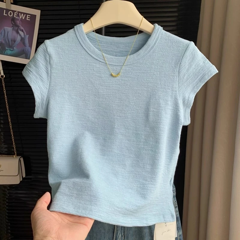 小个子高级独特肌理感短款短袖T恤女夏季2025新款修身基础款上衣