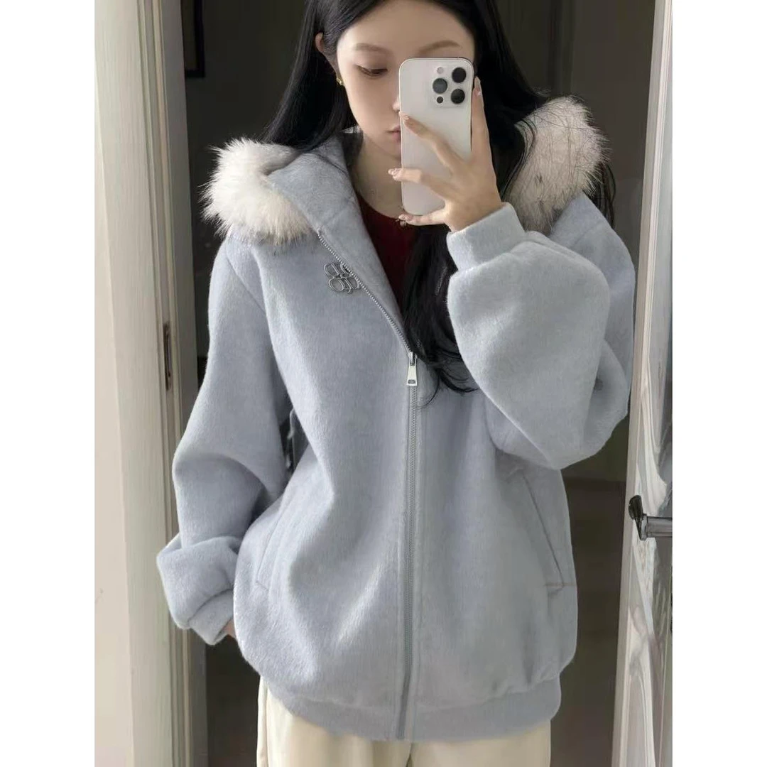 美式覆古大毛领毛呢外套女秋冬季2025新款慵懒风宽松百搭开衫卫衣