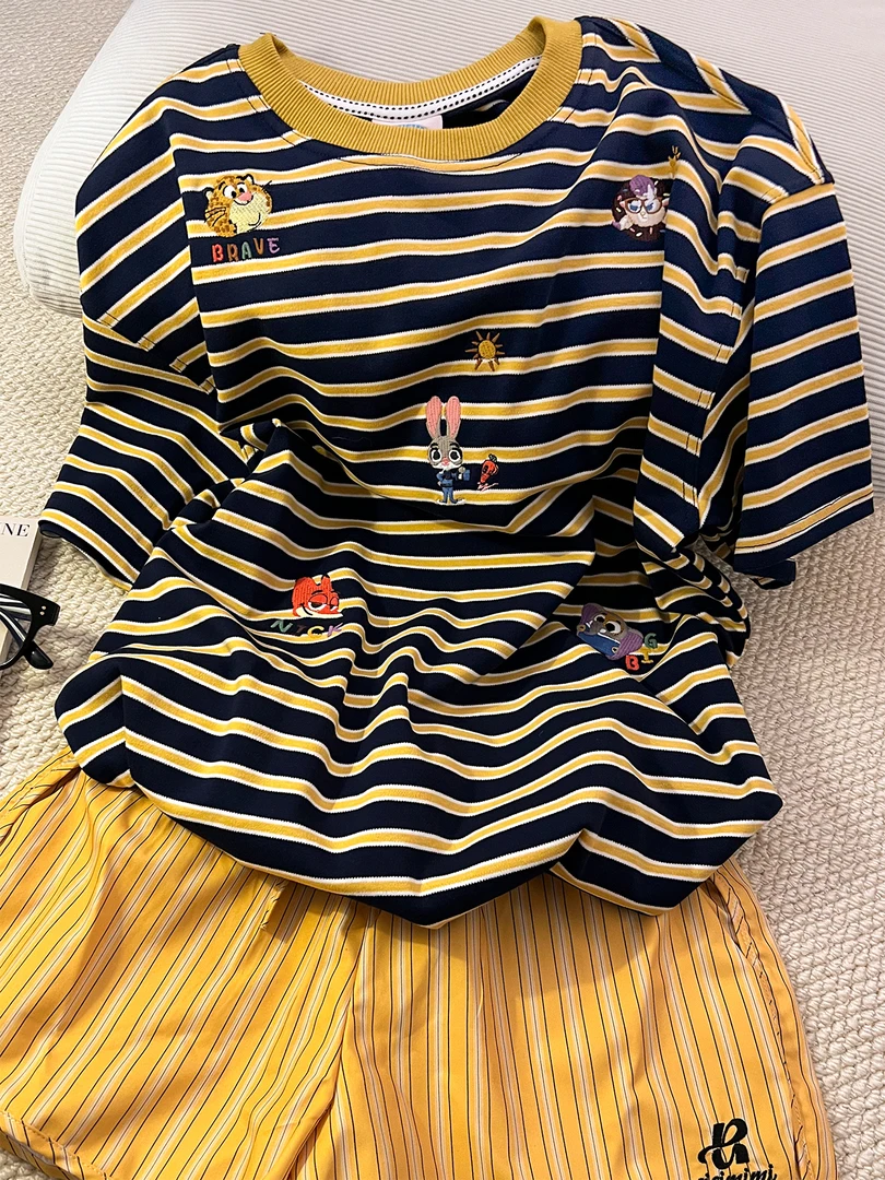 朱迪少女条纹百搭可外穿短袖睡衣女夏季新款亲肤家居服短裤套装