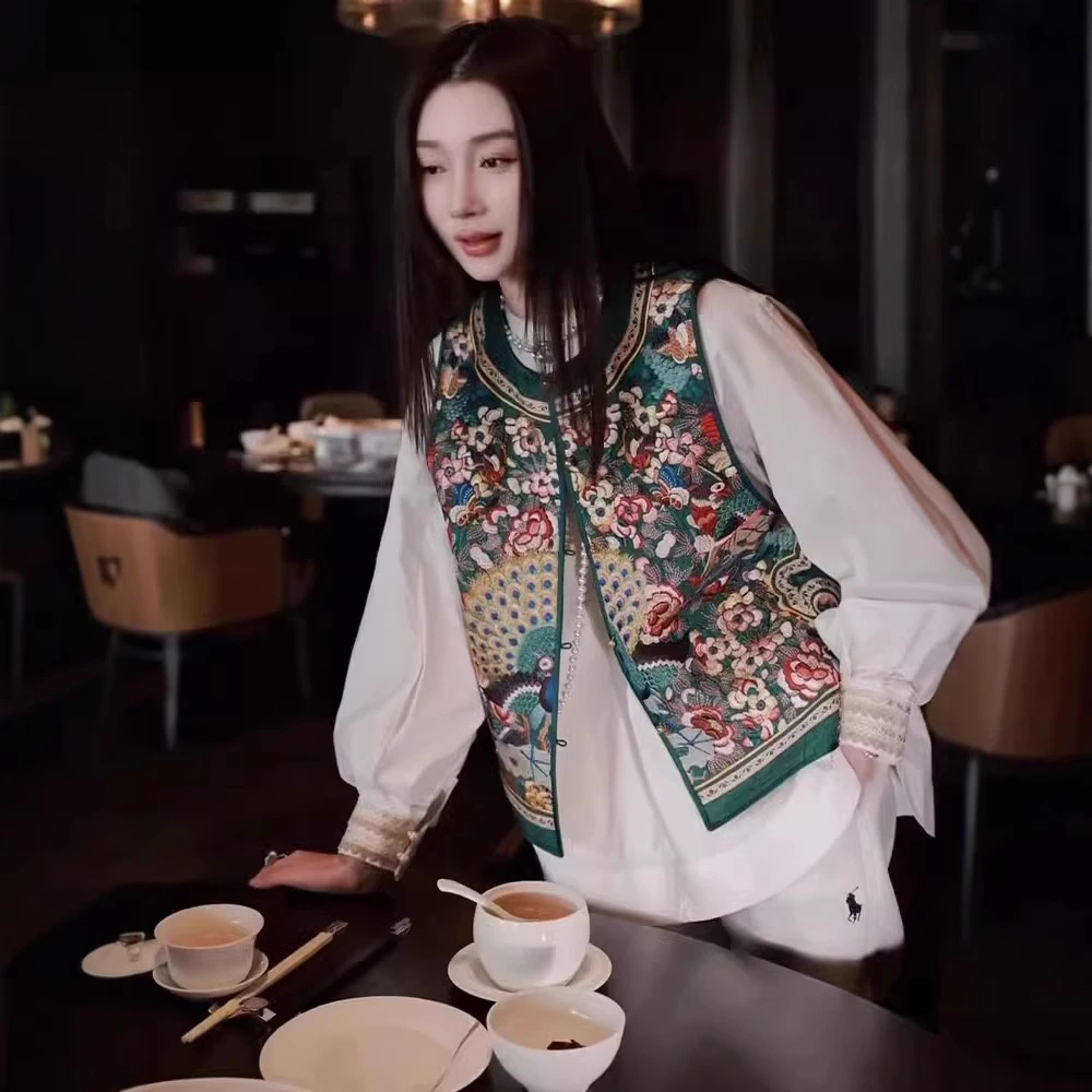 新中式国风马套装汉服女春2025新款印花马夹衬衫两件套