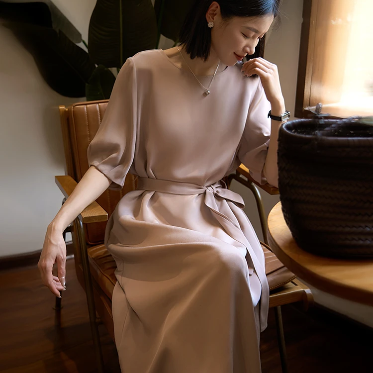 SS1583春夏季圆领短袖气质系带连衣裙秋季长款