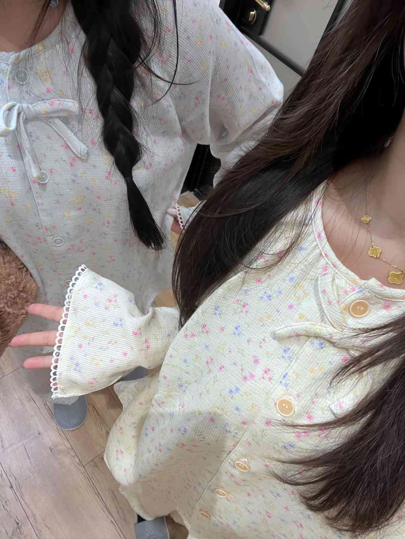 【羊狮狮】25新 纯棉螺纹提花双层纱宽松慵懒风家居服韩系碎花睡衣