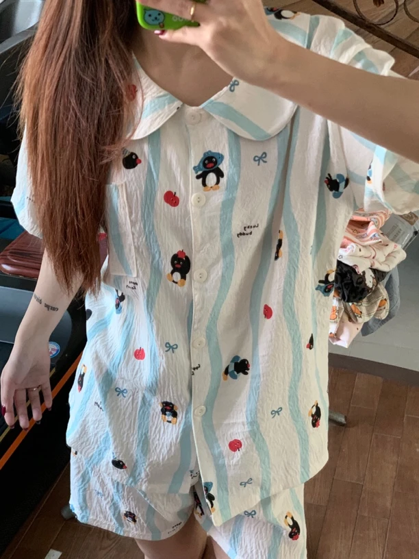 -条纹Pingu-韩系可爱少女睡衣短袖短裤长裤三件套宽松休闲家居服