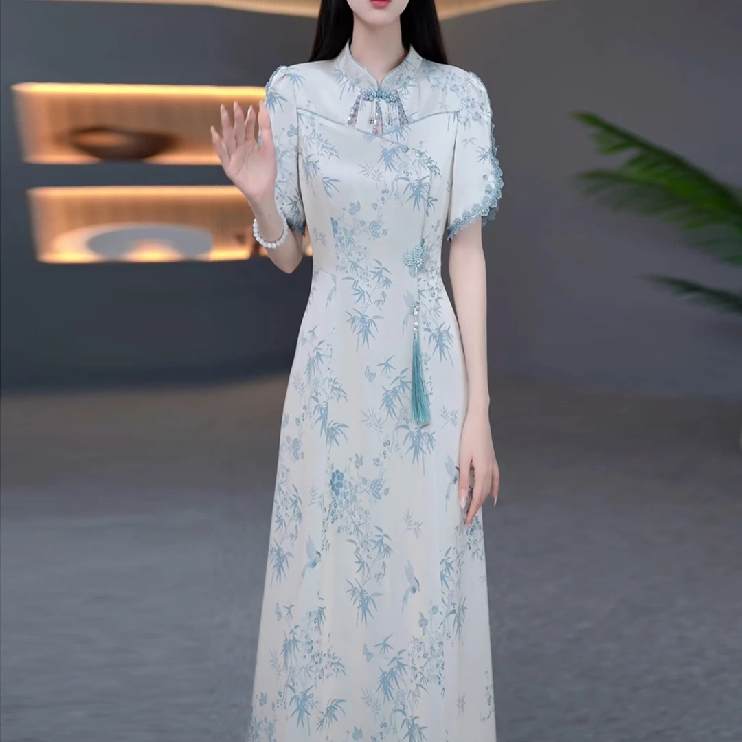 新中式国风连衣裙女夏新款印花改良旗袍显瘦中长裙子3816#