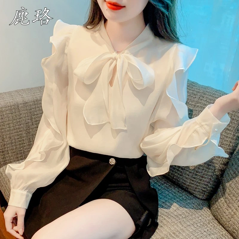 法式气质覆古衬衫女春2025新款设计感小众上衣荷叶边绑蝴蝶结衬衫