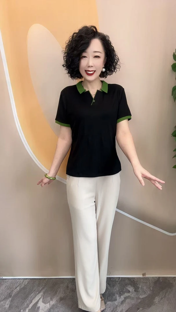 90夏新品撞色领时尚宽松大码高弹力中老年套头休闲上衣，62/63