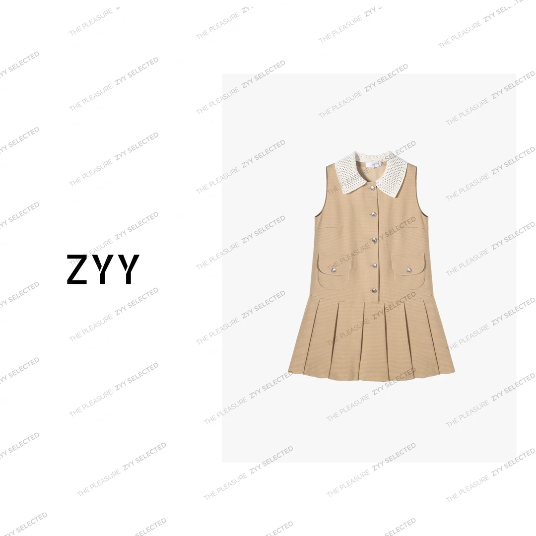ZYY【风吟花事】2025S/S新品学院风格纹无袖A字连衣裙X25XLYQ00444