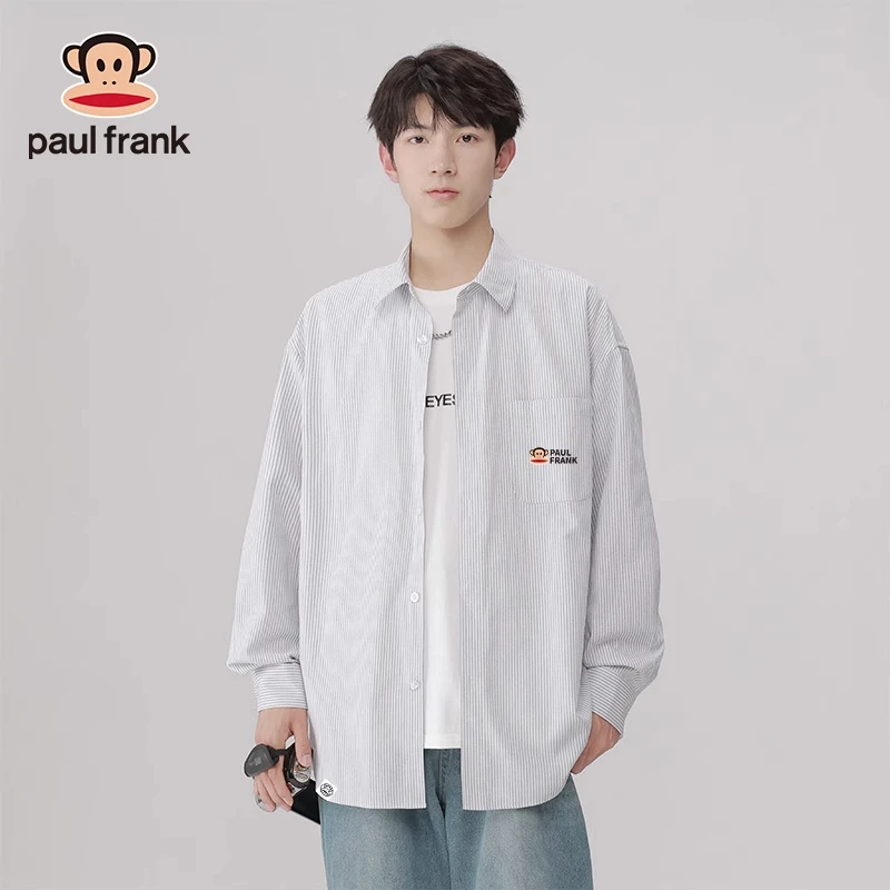 paul frank/大嘴猴男秋季长袖衬衫韩版宽松休闲条纹衬衣男士外套