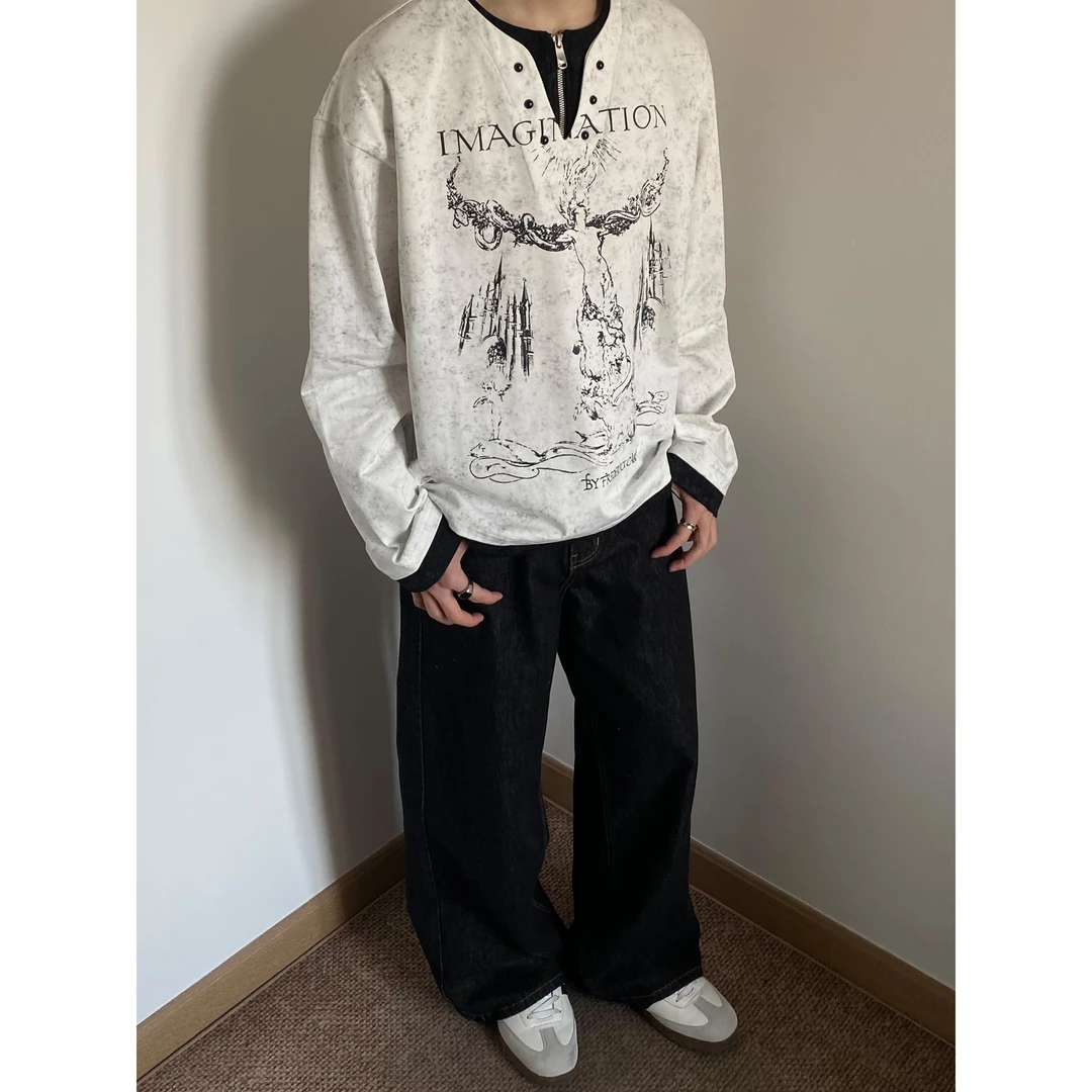 UNLG美式复古vintage假两件v领长袖t恤男春秋半拉链宽松痞帅卫衣