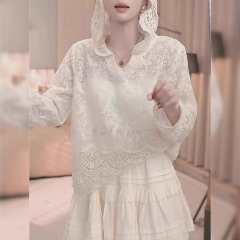 精致精致网红爆款尾单精致重工钩花连帽蕾丝衫女宽松绝美内搭上衣