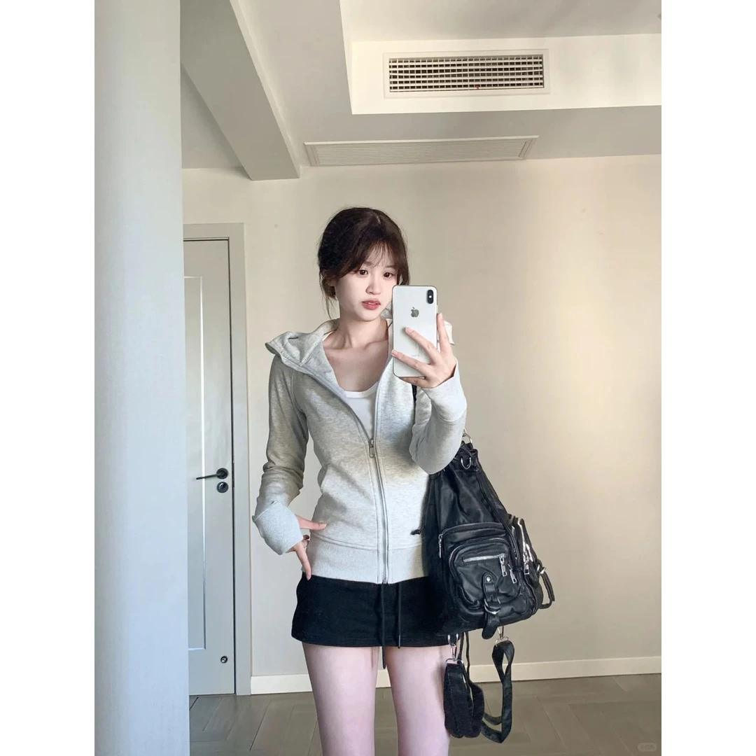 春秋新款正肩修身连帽卫衣女返潮复古时尚ins风开衫外套上衣休闲