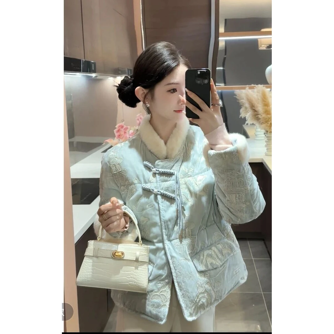 冬季新款毛绒重工刺绣盘扣保暖棉服