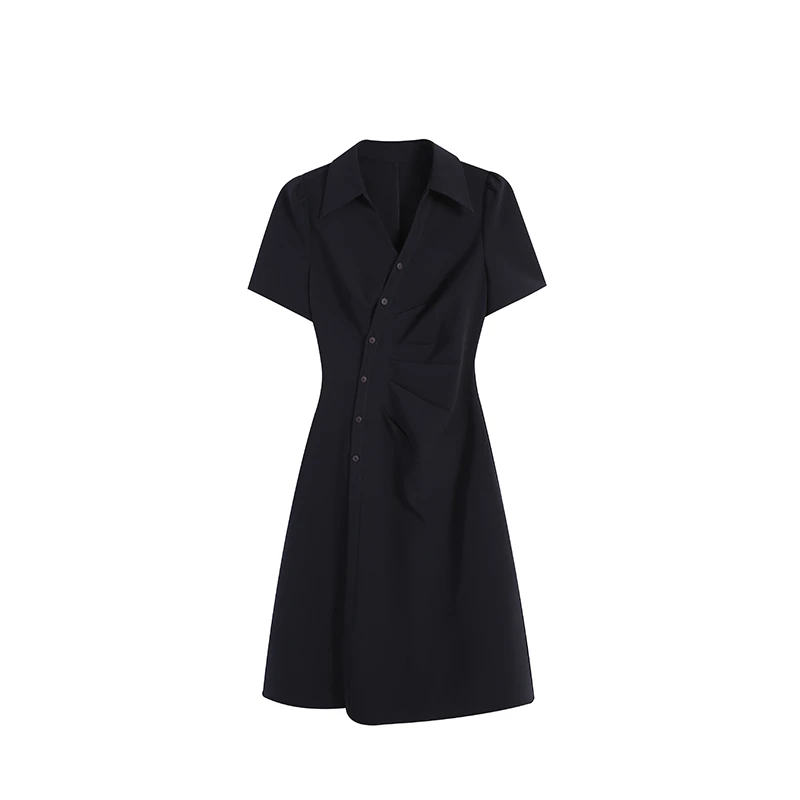 藏青色夏季气质轻奢时尚显瘦连衣裙优雅翻领收腰黑色裙子ZL109718