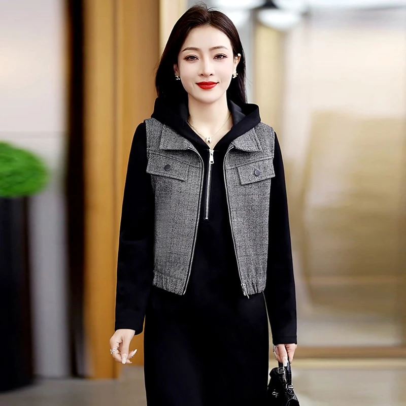法式连帽卫衣连衣裙套装女2025春秋季新款时尚马甲背心裙子两件套