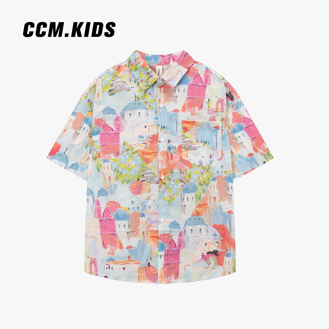 现货【伊亚小镇】男童纯棉短袖的夏天宽松儿童松休闲衬衫印花Y56456