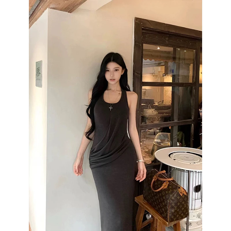 Moses Queen/魔西女王显瘦褶皱背心连衣裙女夏季高冷御姐气质裙子