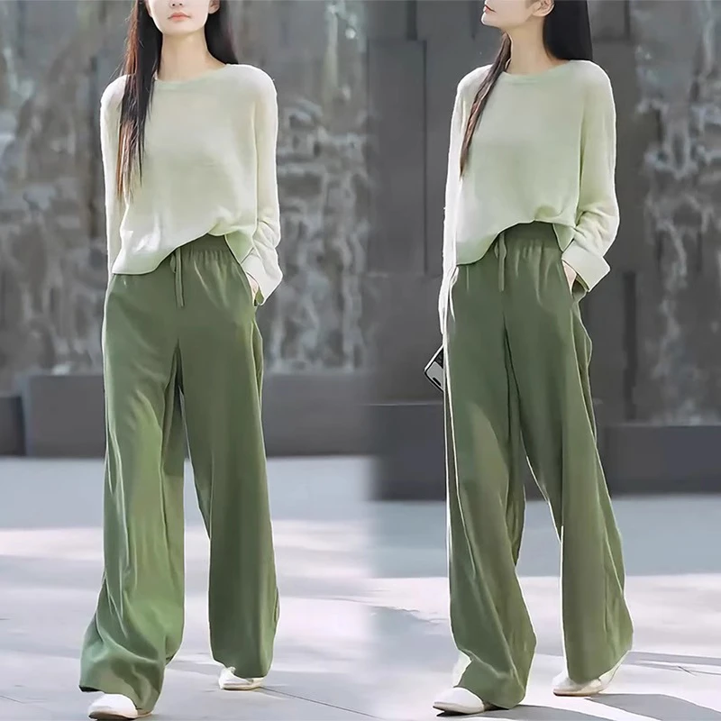 慵懒风时尚套装女春季2025新款宽松显瘦套头针织上衣直筒阔腿长裤