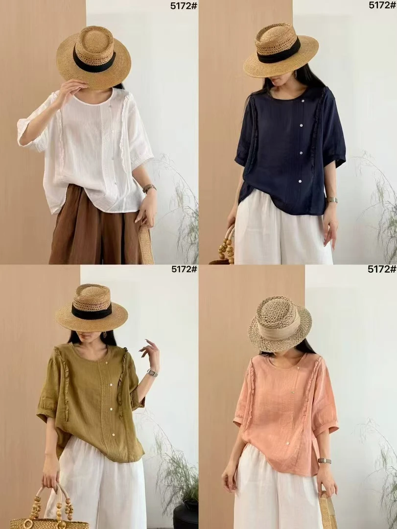 甜美减龄木耳花边领拼接苎麻上衣时尚贝壳扣宽松衬衣女H42