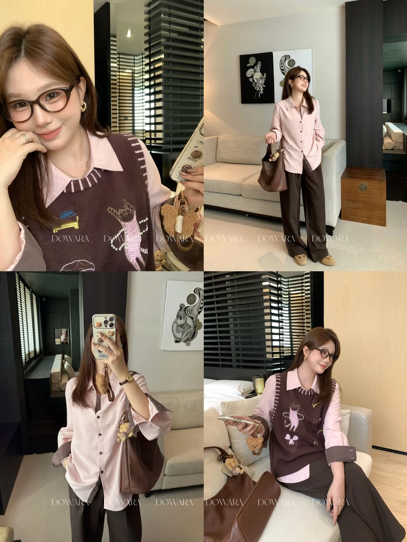 现货1054X大婉酱肉肉微胖定制【榛果玫瑰】韩系宽松慵懒翻领衬衫