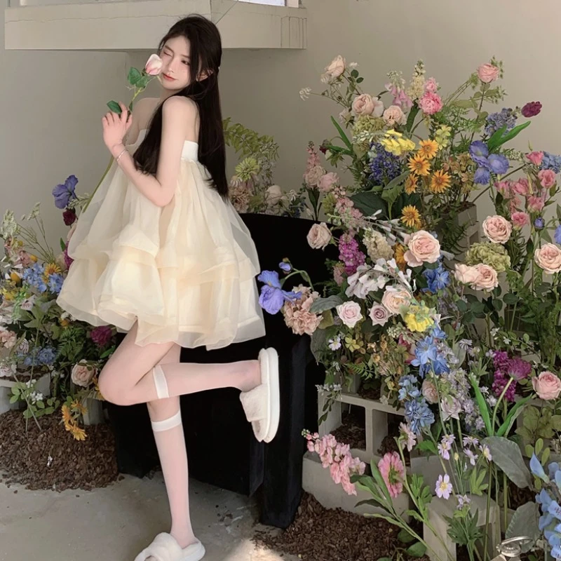 夏季网纱蓬蓬公主裙显瘦气质仙女裙超仙高级感小个子抹胸连衣裙女