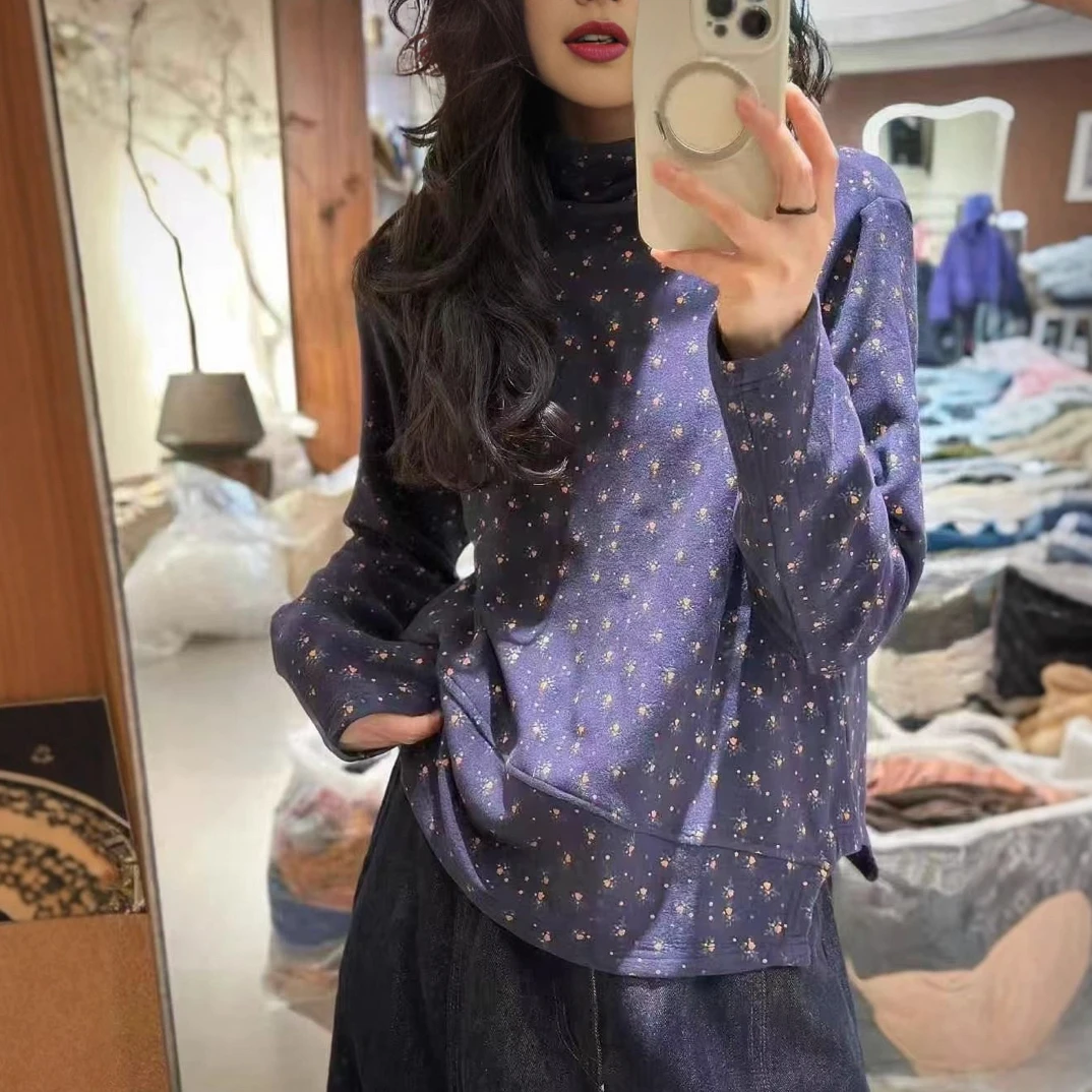 碎花抓绒打底衫 2025冬季新款 小众复古内搭半高领显瘦弹力上衣女