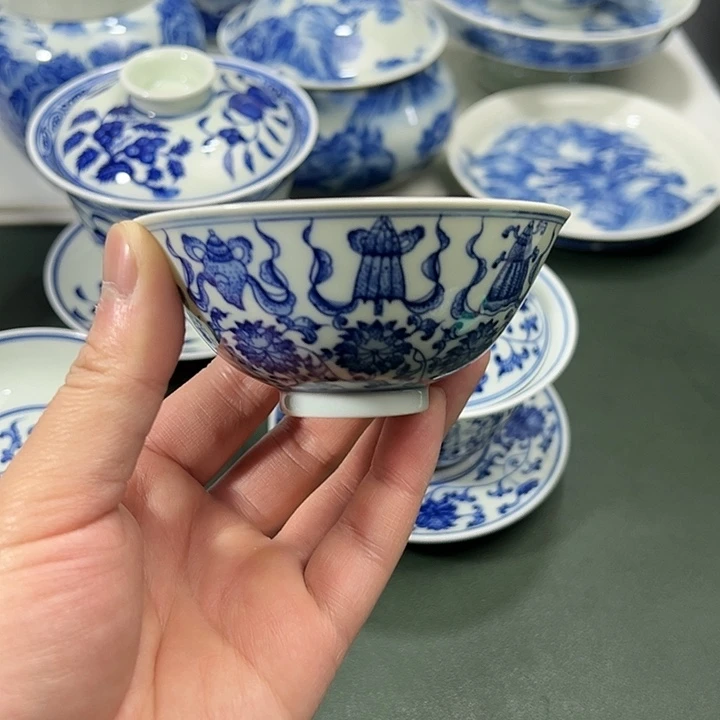 微瑕柴窑点工缠枝花卉八宝宫碗薄胎