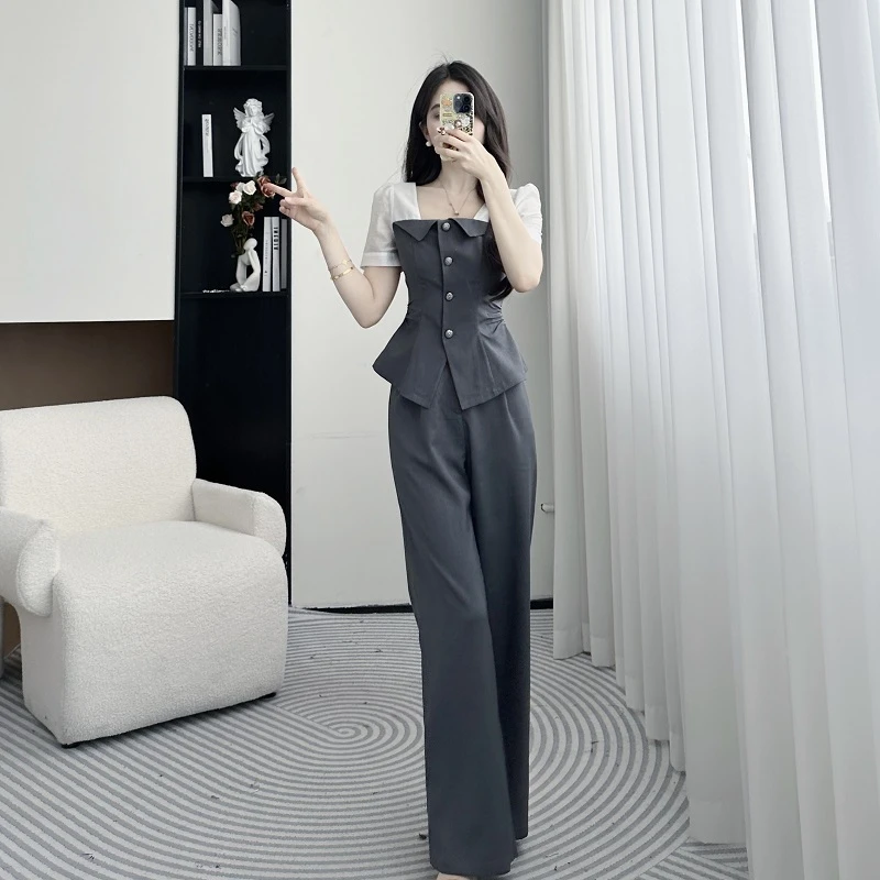 拉夏贝尔/25夏气质显瘦法式高腰休闲时尚短袖上衣+裤子 10394 LSC