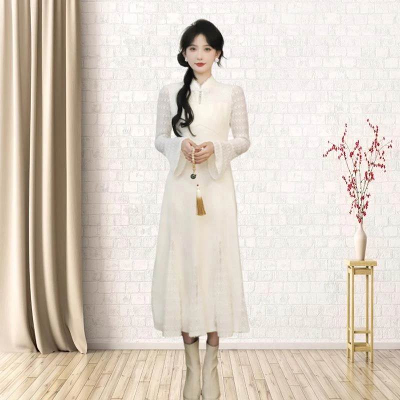 打底衫女秋冬高级感蕾丝内搭裙今年流行漂亮旗袍型长款针织连衣裙