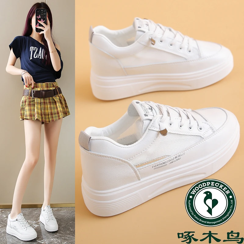 啄木鸟网面休闲小白鞋夏季厚底透气板鞋软底韩版7公分小个子女鞋