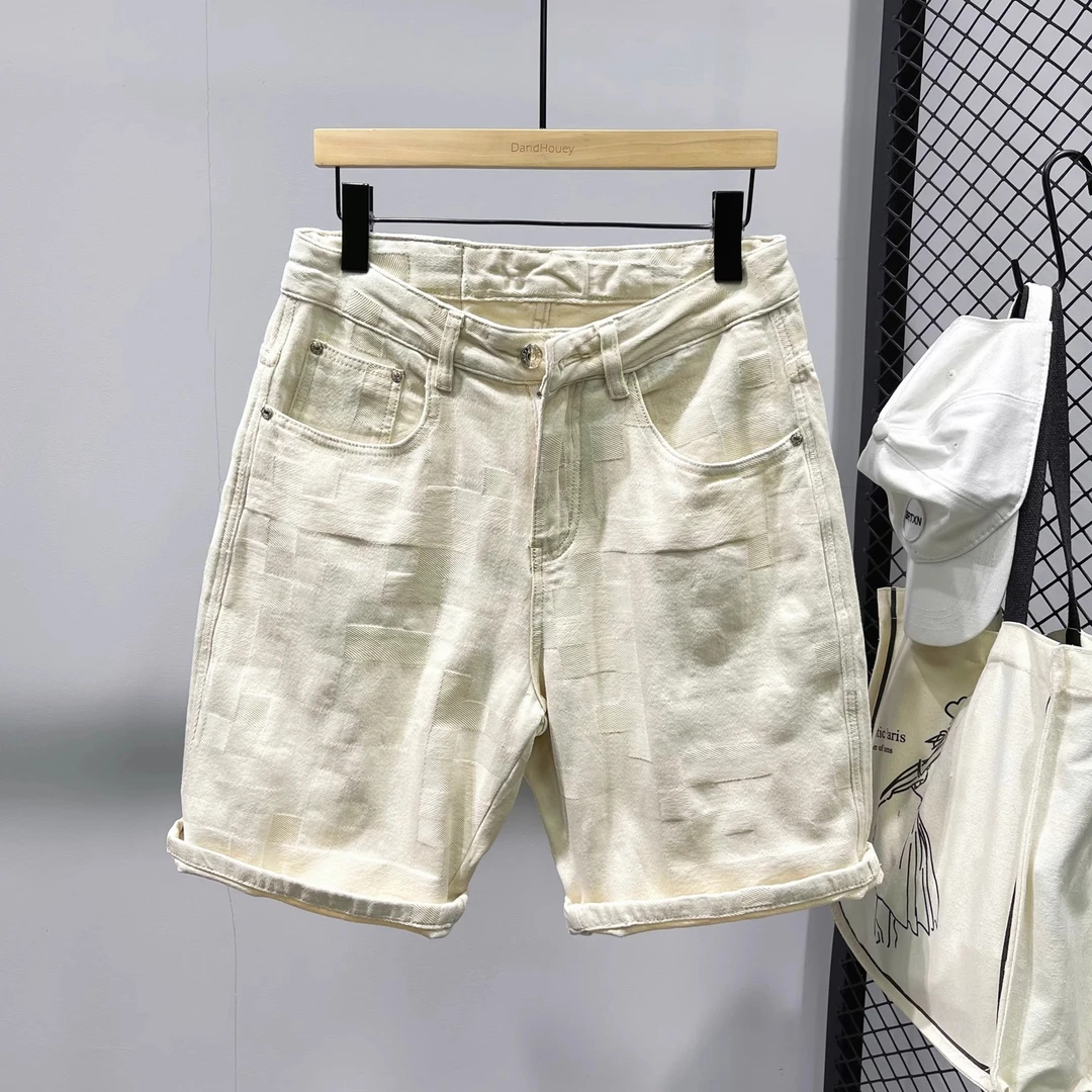 曼库帕娅夏季新款潮流纹理五分裤男直筒宽松牛仔短裤男装休闲中裤
