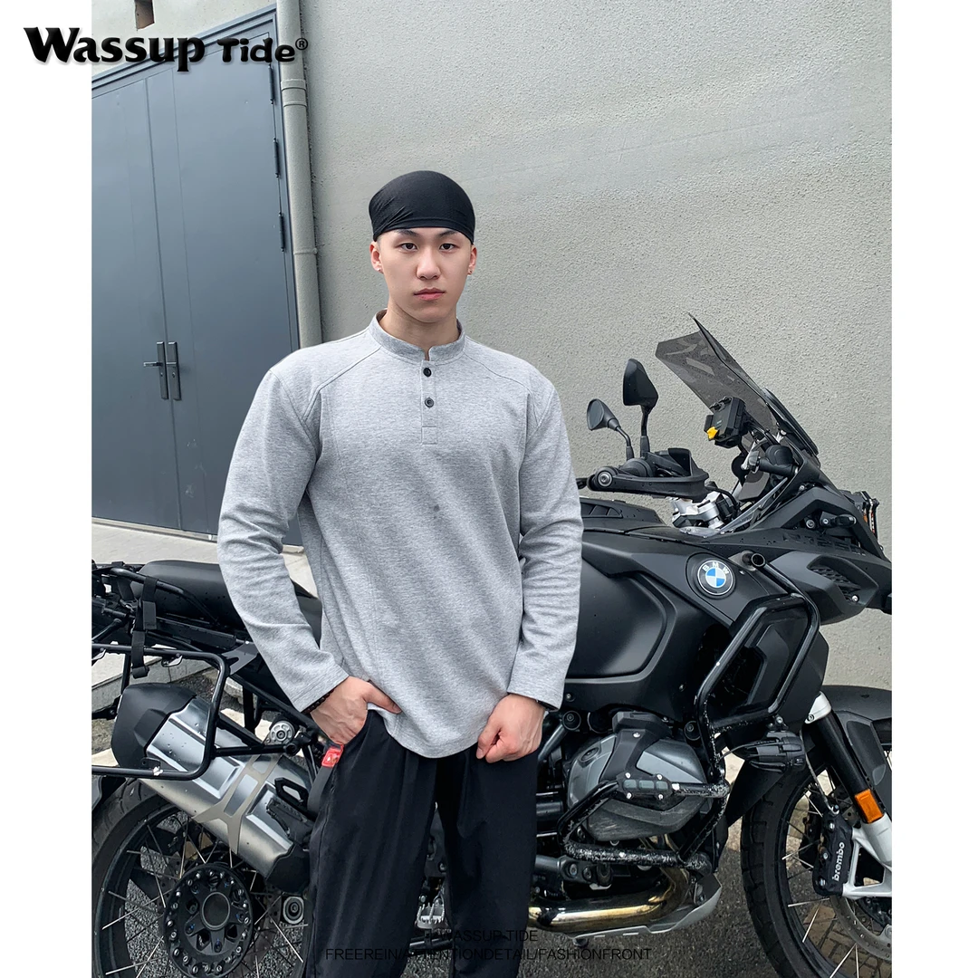 WASSUP Tide亨特领长袖T恤男硬汉风正肩cleanft空气层牛奶丝卫衣
