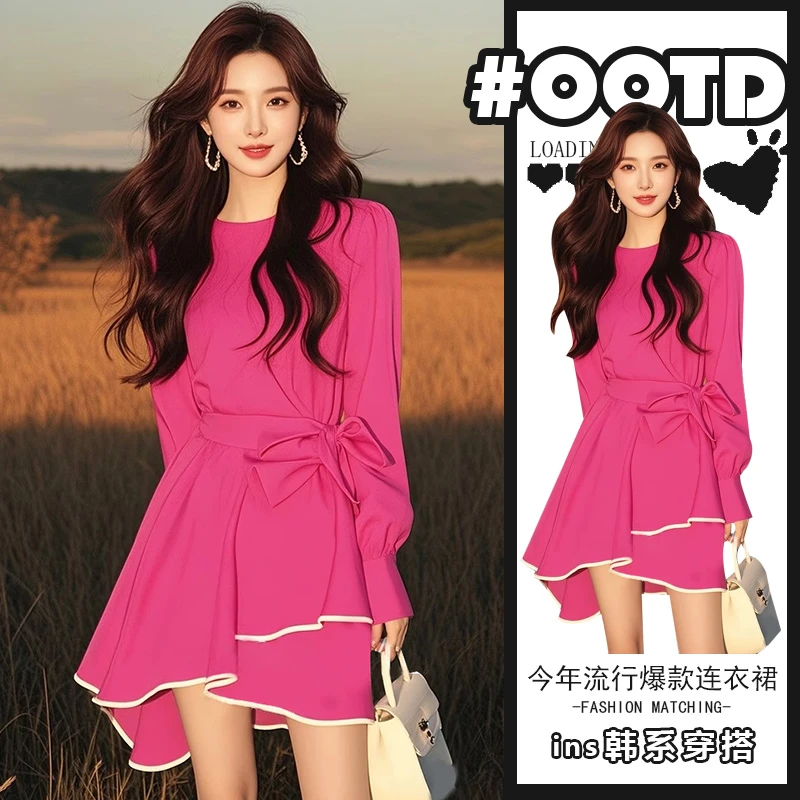 2025年新款设计感别致不规则连衣裙法式气质收腰小众拼色A字裙潮