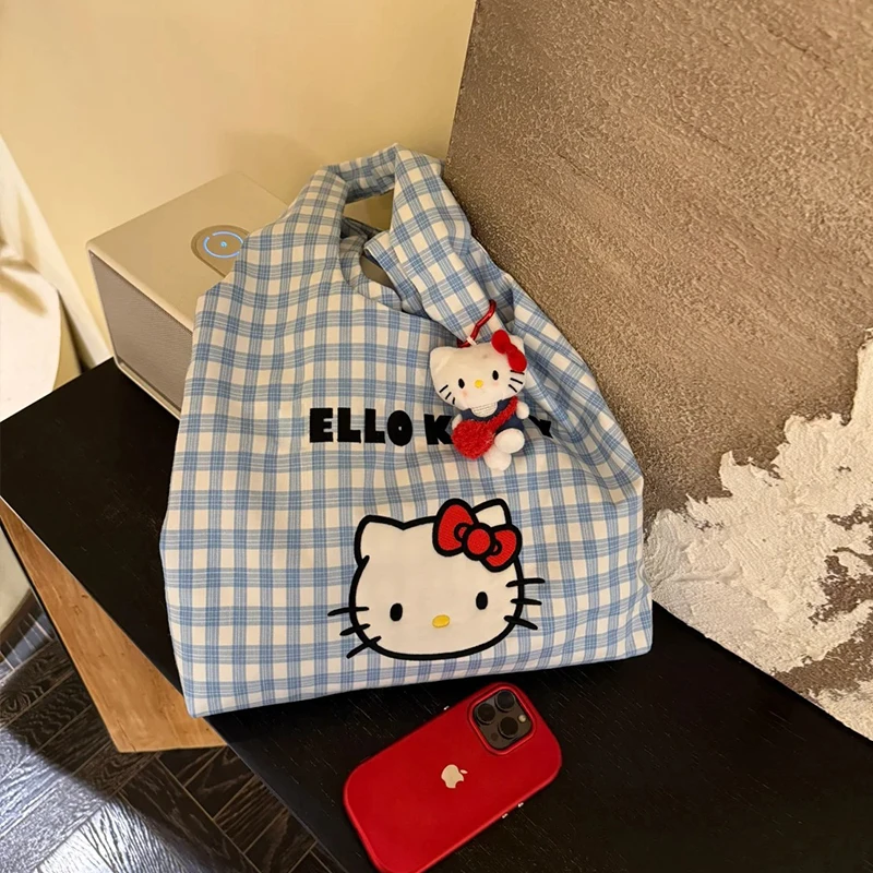 2025新款可爱休闲单肩包卡通kt猫格子刺绣帆布包手提通勤百搭包