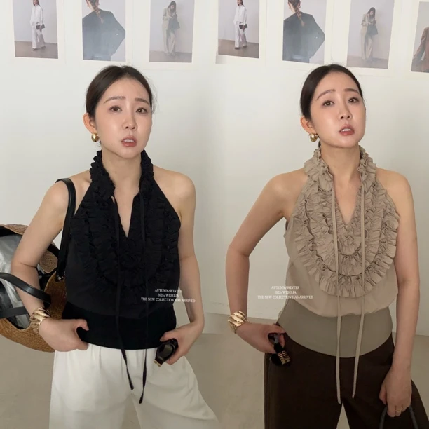 widelia法式宽松型辣妹风修身型背心7215设计感挂脖镂空小众流苏