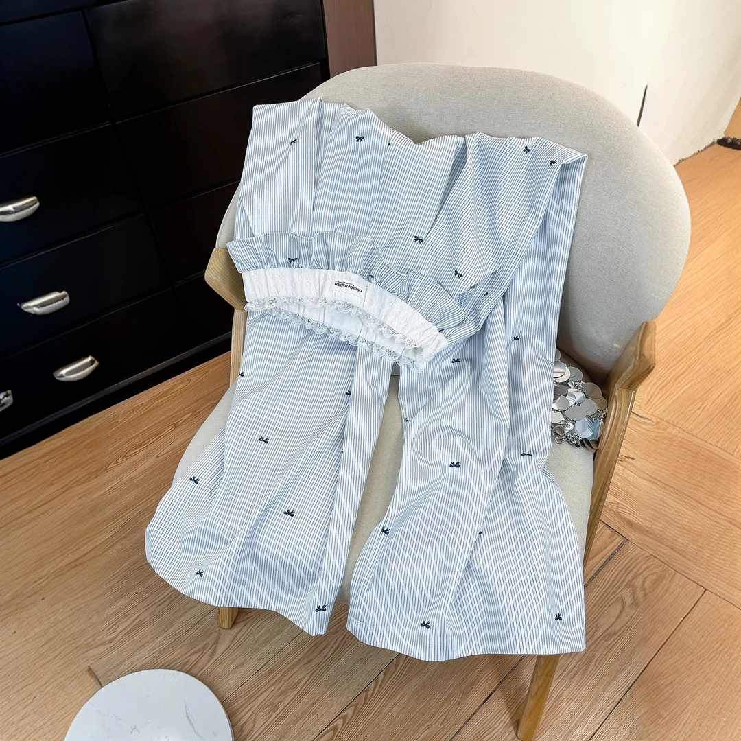 美式蓝色条纹蝴蝶结蕾丝拼接休闲长裤女2025夏季垂感阔腿裤潮宽松