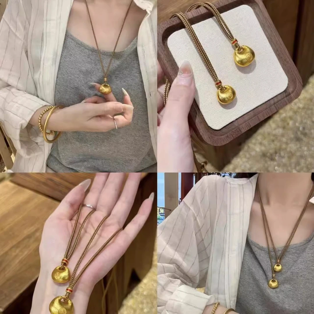 铜合金项链 小胖福吊坠女实心金锁挂坠新中式小金坨毛衣链锁骨链