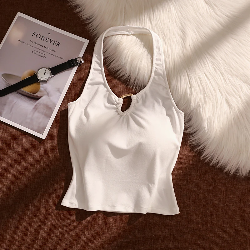 辣妹风白色镂空挂脖吊带背心女外穿性感美背修身小众无袖抹胸上衣