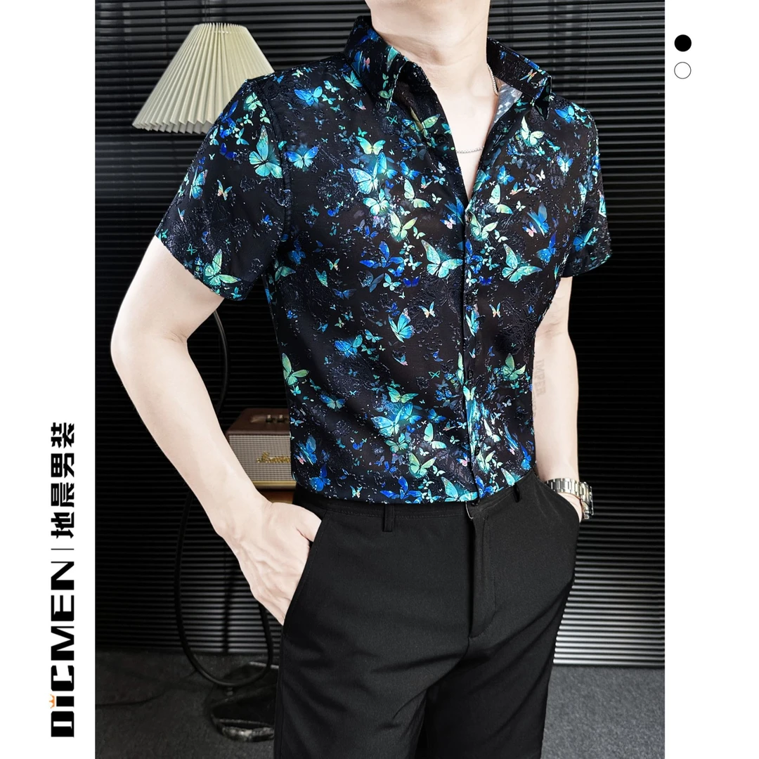 网纱印花衬衫男短袖夏季薄款透气雅痞风休闲男款爆款2025新款衬衣