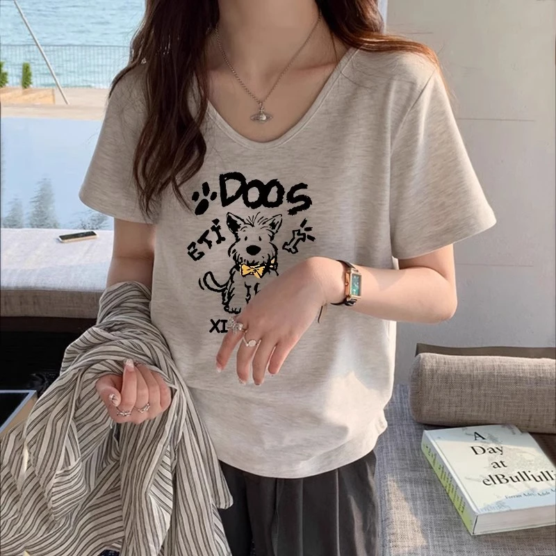 小个子灰色v领t恤女夏季2025新款宽松显瘦短袖正肩上衣设计感小众