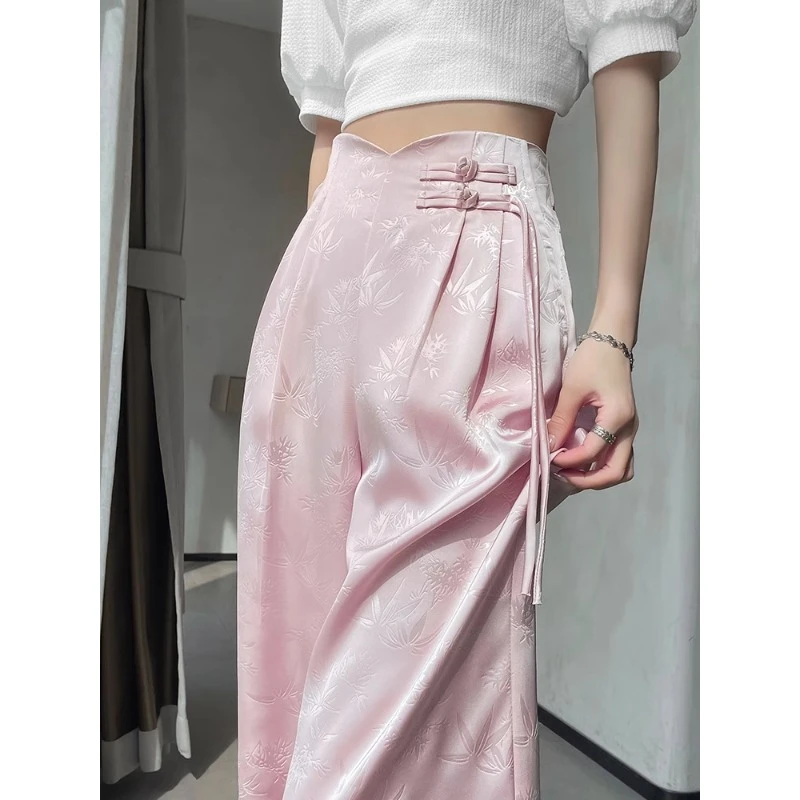 新中式缎面提花显瘦国风盘扣休闲直筒阔腿裤女春夏季高腰垂感裤子
