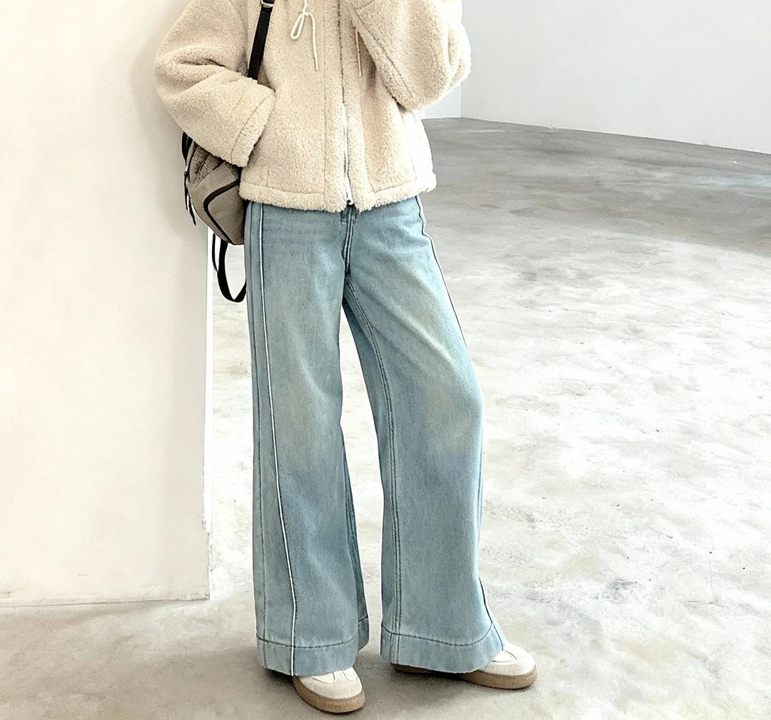 黑金色高腰阔腿牛仔裤女冬季新款欧货豹纹复合绒加厚宽松拖地长裤