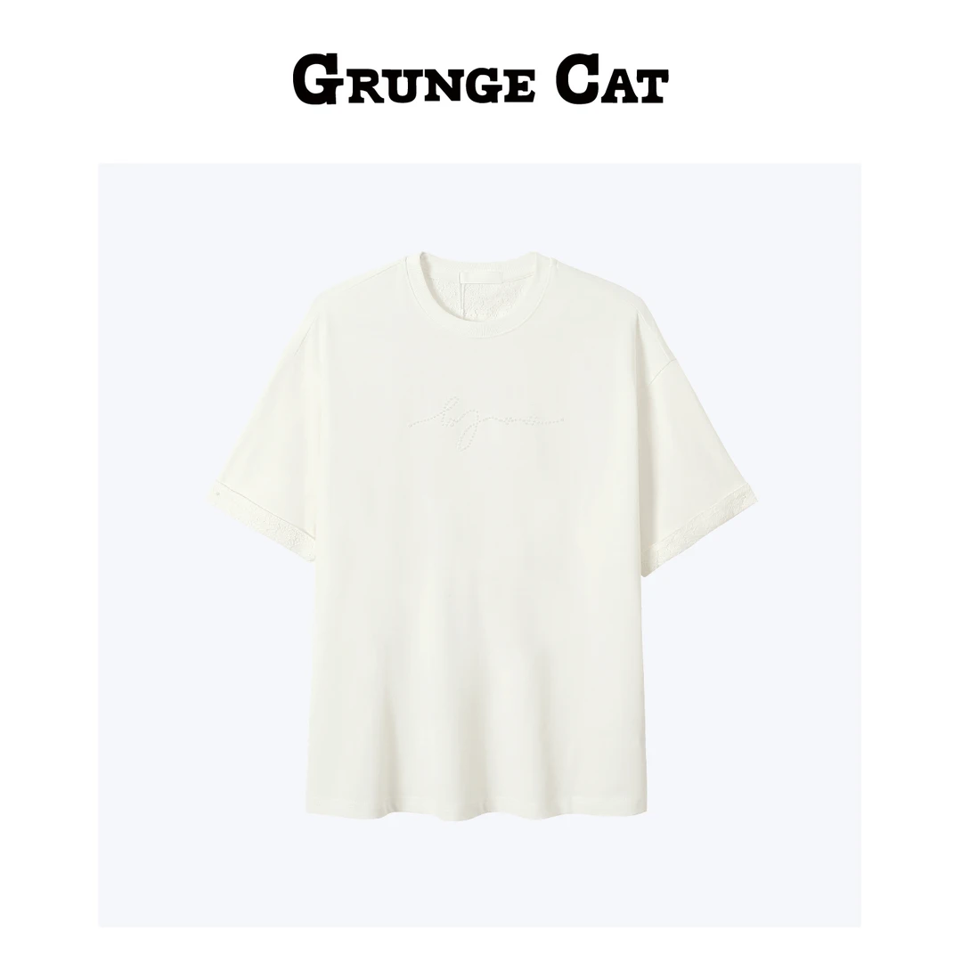 Grunge Cat女士拼接蕾丝手工订珠全棉短T