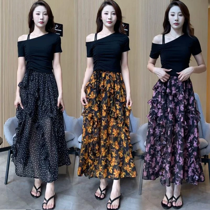 时尚套装裙女2025夏季新款洋气质显瘦露肩T恤碎花半身裙两件套裙