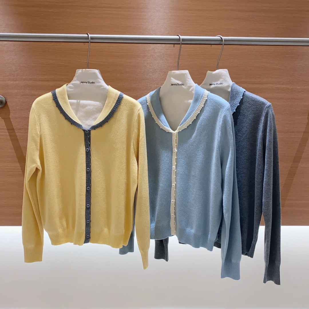 韩系休闲蕾丝边针织衫女百搭小衫3404