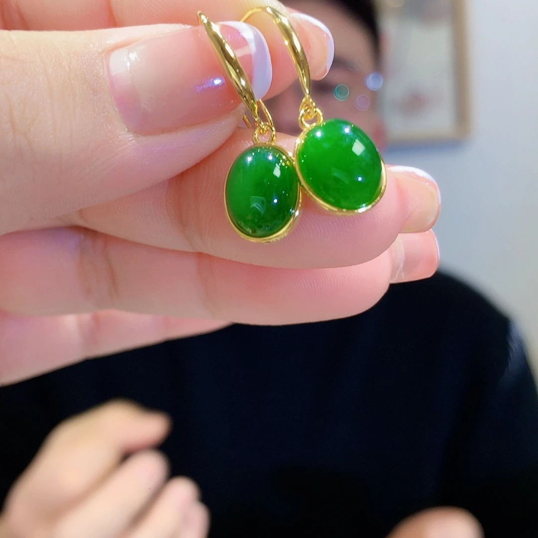 和田玉（碧玉）耳饰银S925镀金镶嵌
