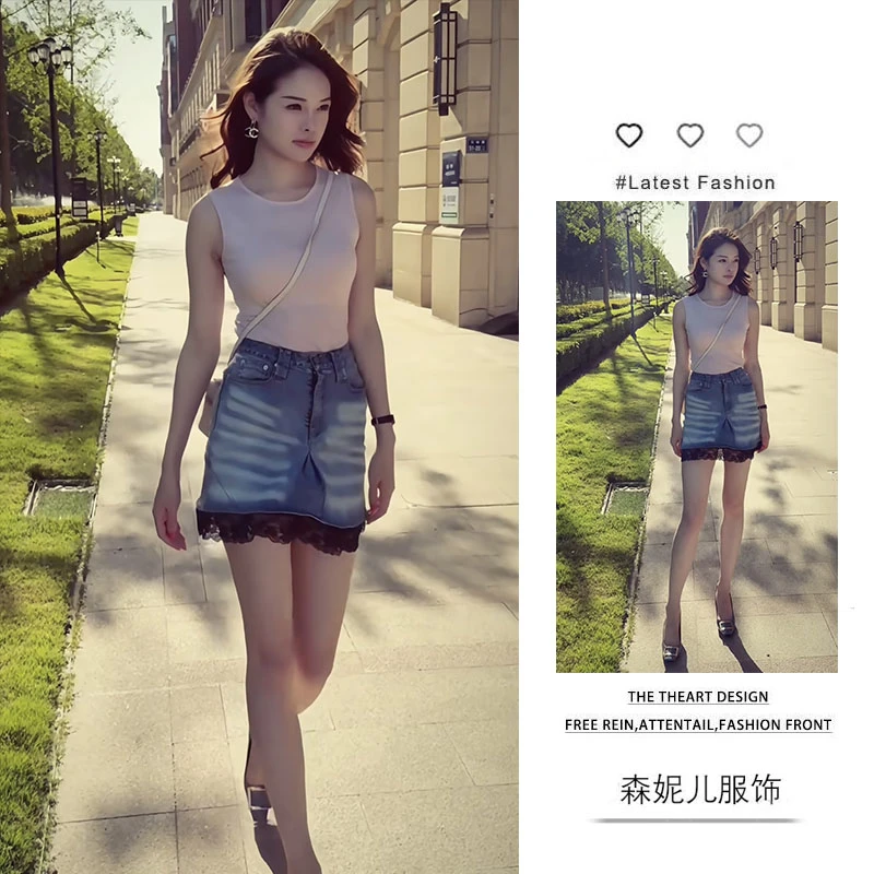 夏季穿搭一整套2025新款修身无袖背心显瘦蕾丝花边牛仔短裙两件套