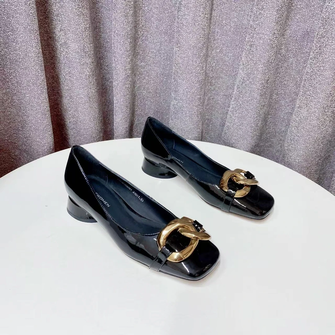 C4398 黑色  时尚舒适粗跟方头软底浅口女单鞋