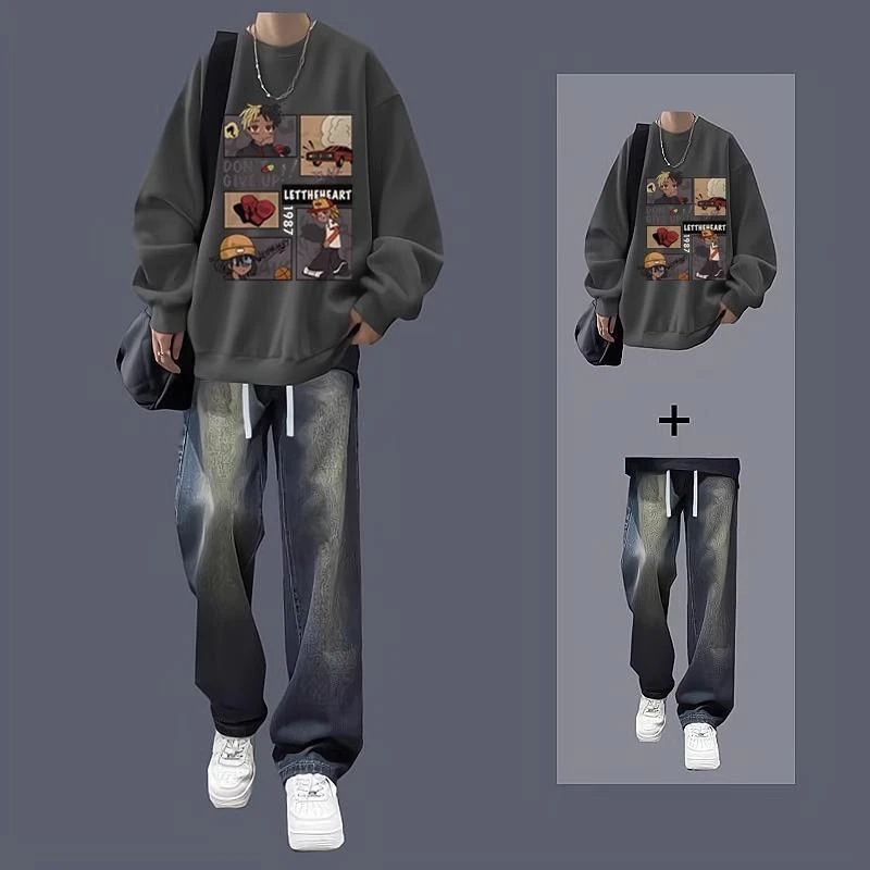 冬季加绒圆领卫衣男潮流套装搭配牛仔裤青少年痞帅休闲两件套学生