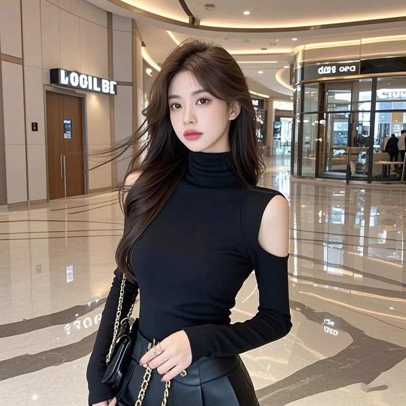 辣妹纯欲风露肩气质高领长袖打底衫女秋冬新款设计感显瘦紧身上衣