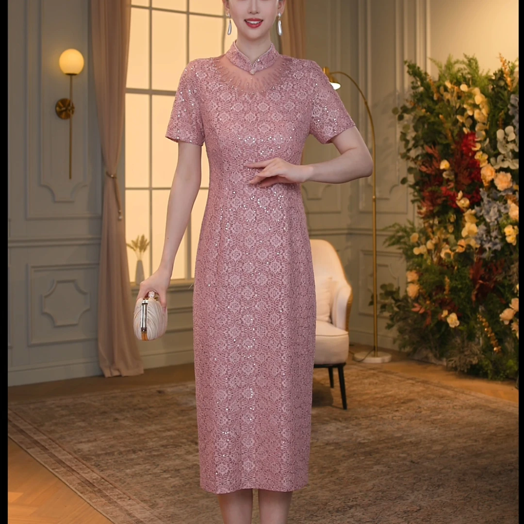 【香妮芬】83313香槟粉蕾丝连衣裙新中式气质妈妈装